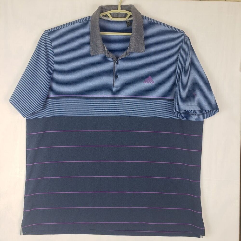 Adidas Shirt Mens 2XL Blue Striped 2-Button Collar Logo Golf Polo Stretch